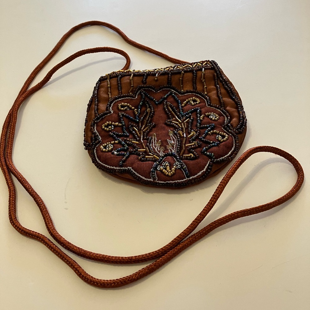 Beaded Small Copper colored Satin Fabric Crossbody Coin Purse